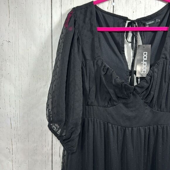 Boohoo Black Swiss Dot Mesh Puff Sleeve Maxi Dress Gothic Cottagecore Boho - Picture 4 of 15